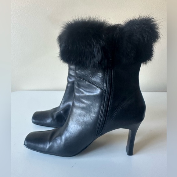 Vintage Karen Scott Black Leather Fur Ankle Square Toe Boots 7.5 - Picture 2 of 8